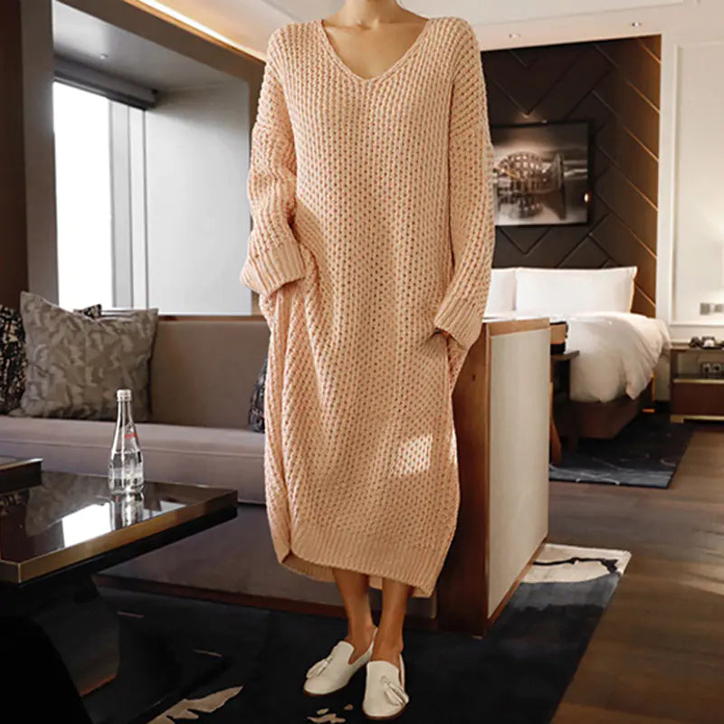 Knee-Length V-Neck Sweater Dress with Loose Knit Design