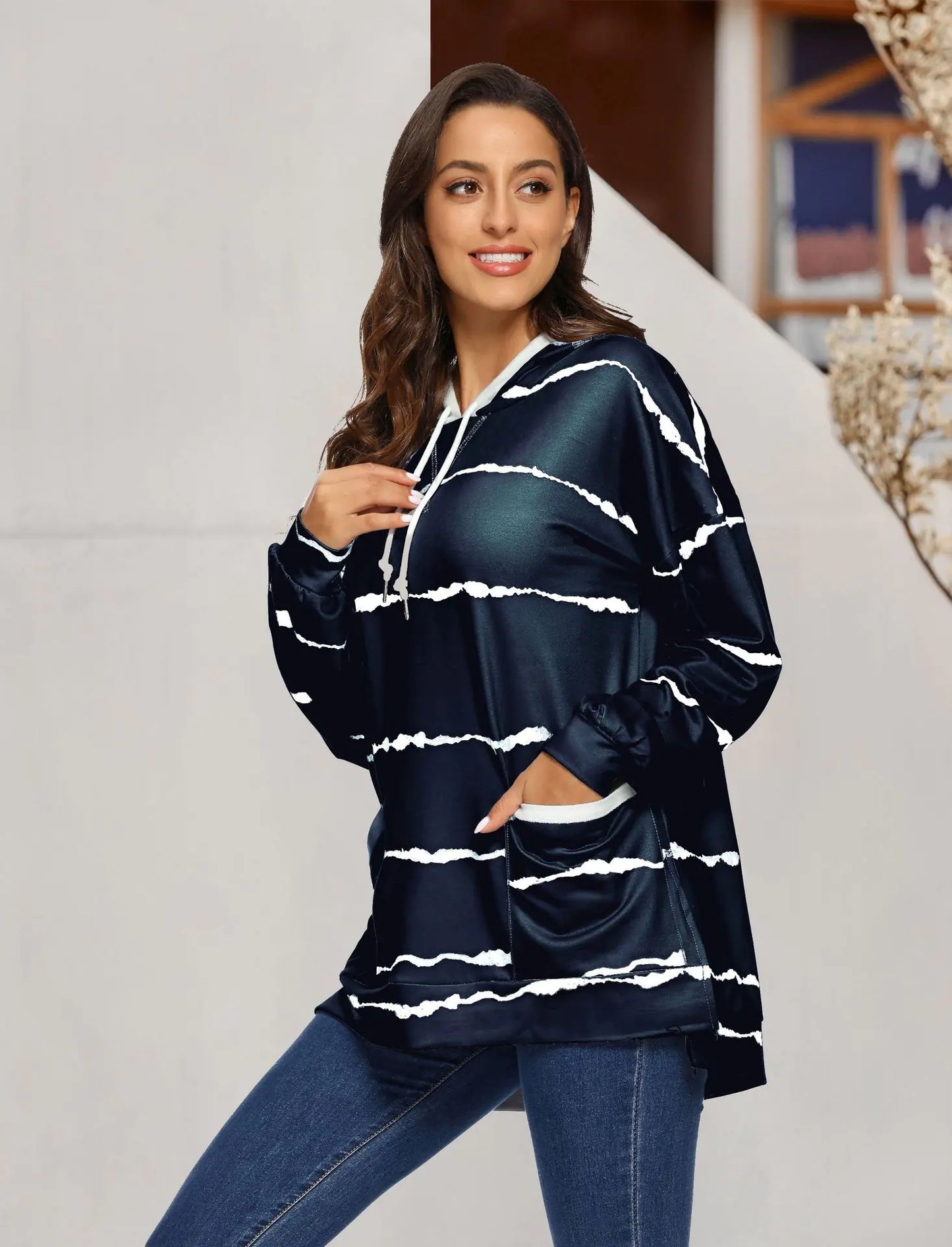 Women's Hooded Striped Long Sleeve Sweater