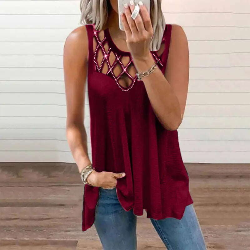 Women's Summer Loose Sleeveless Cut-out Diamond Vest