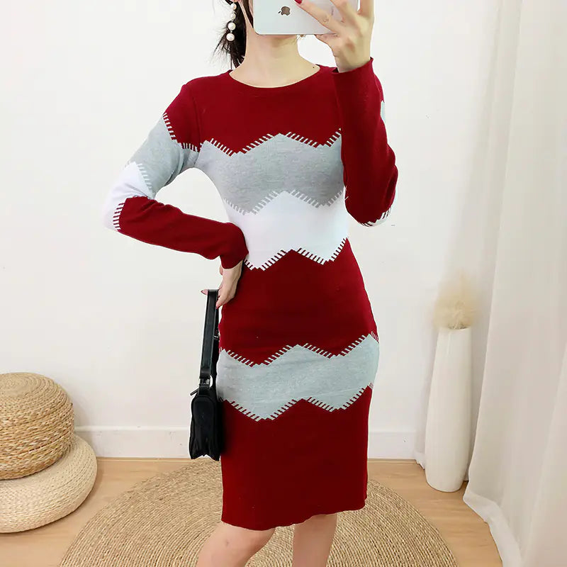 Knitted Sweater Dress with Color Block Design