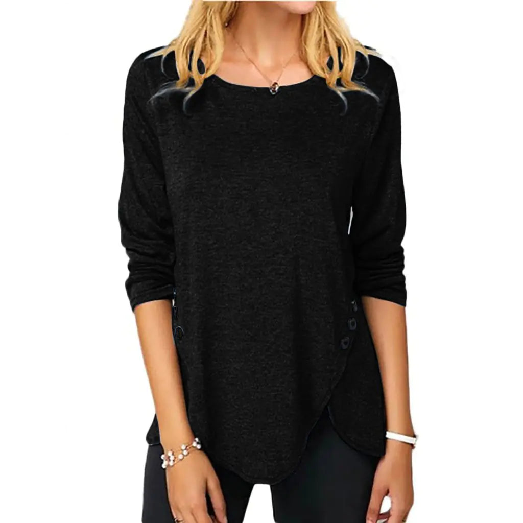 Irregular Button Hem Long Sleeve Round Neck T-Shirt