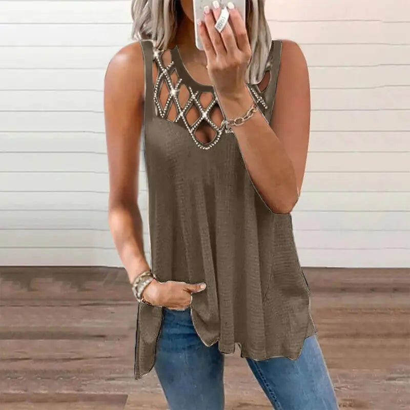Women's Summer Loose Sleeveless Cut-out Diamond Vest