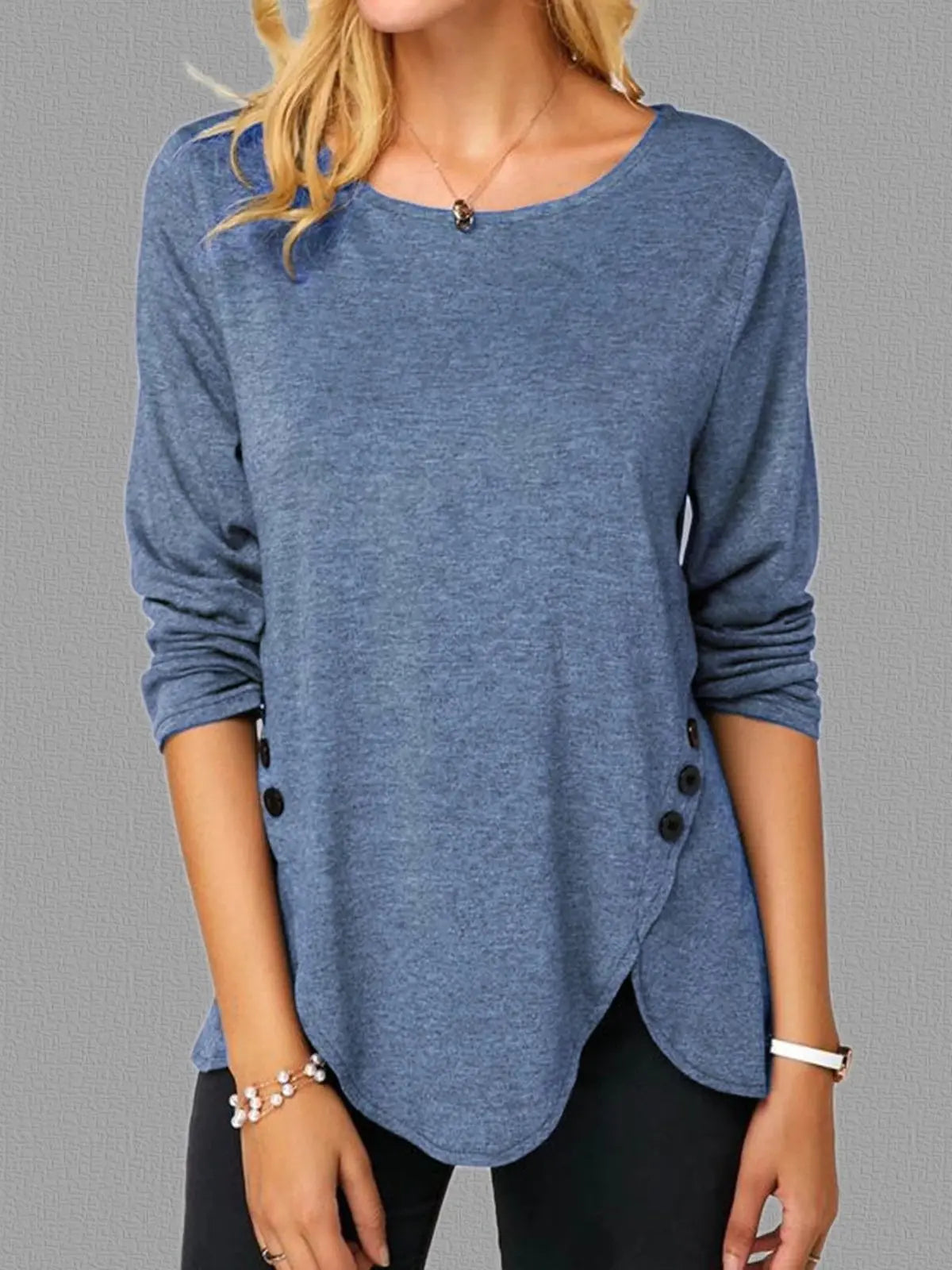 Irregular Button Hem Long Sleeve Round Neck T-Shirt