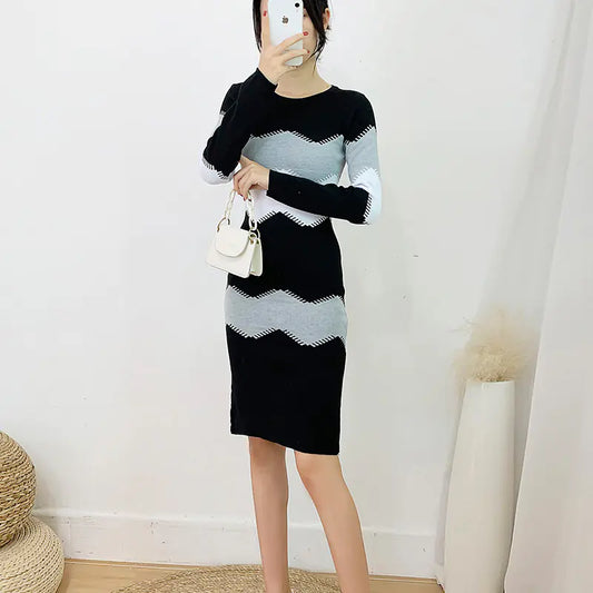 Knitted Sweater Dress with Color Block Design