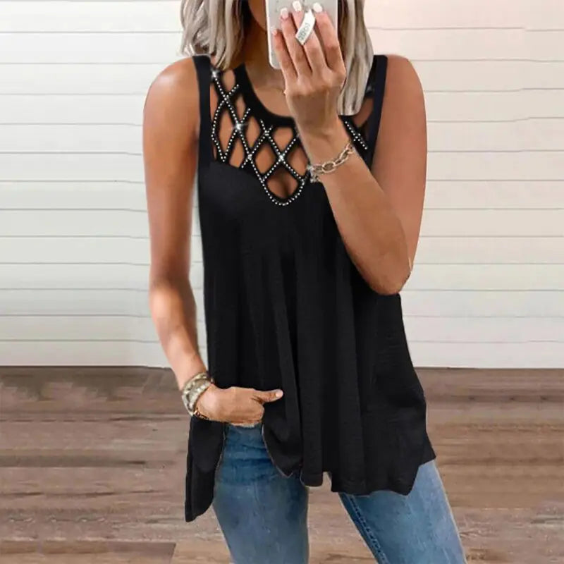 Women's Summer Loose Sleeveless Cut-out Diamond Vest