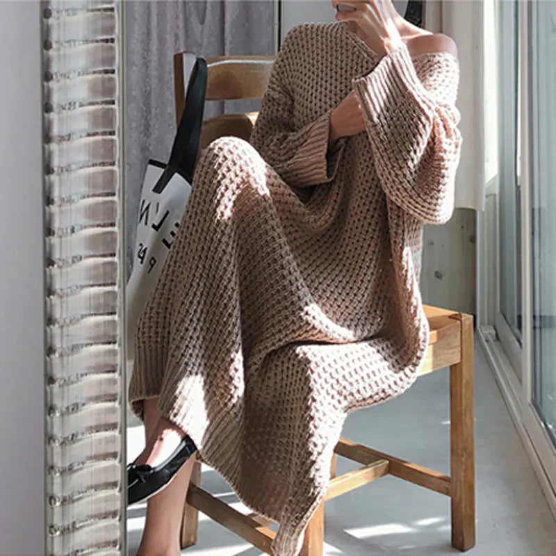 Knee-Length V-Neck Sweater Dress with Loose Knit Design