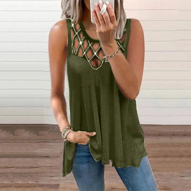 Women's Summer Loose Sleeveless Cut-out Diamond Vest