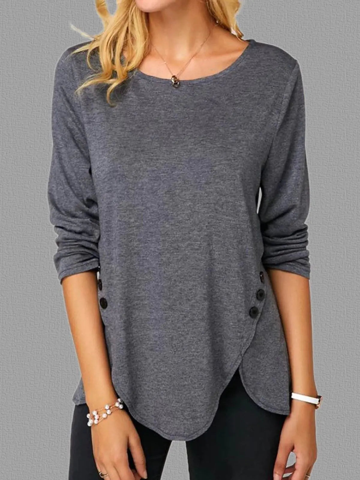 Irregular Button Hem Long Sleeve Round Neck T-Shirt