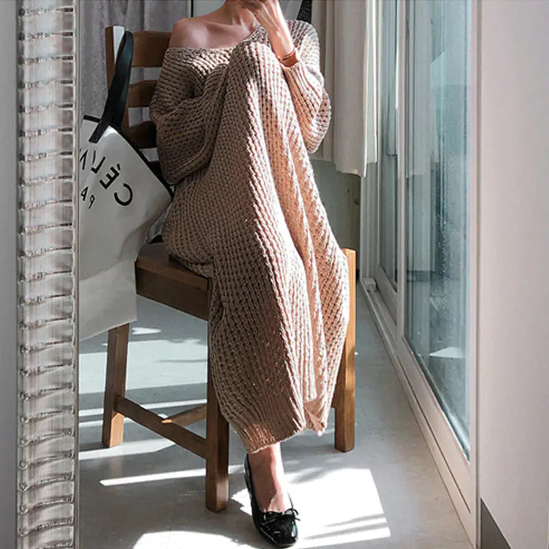 Knee-Length V-Neck Sweater Dress with Loose Knit Design