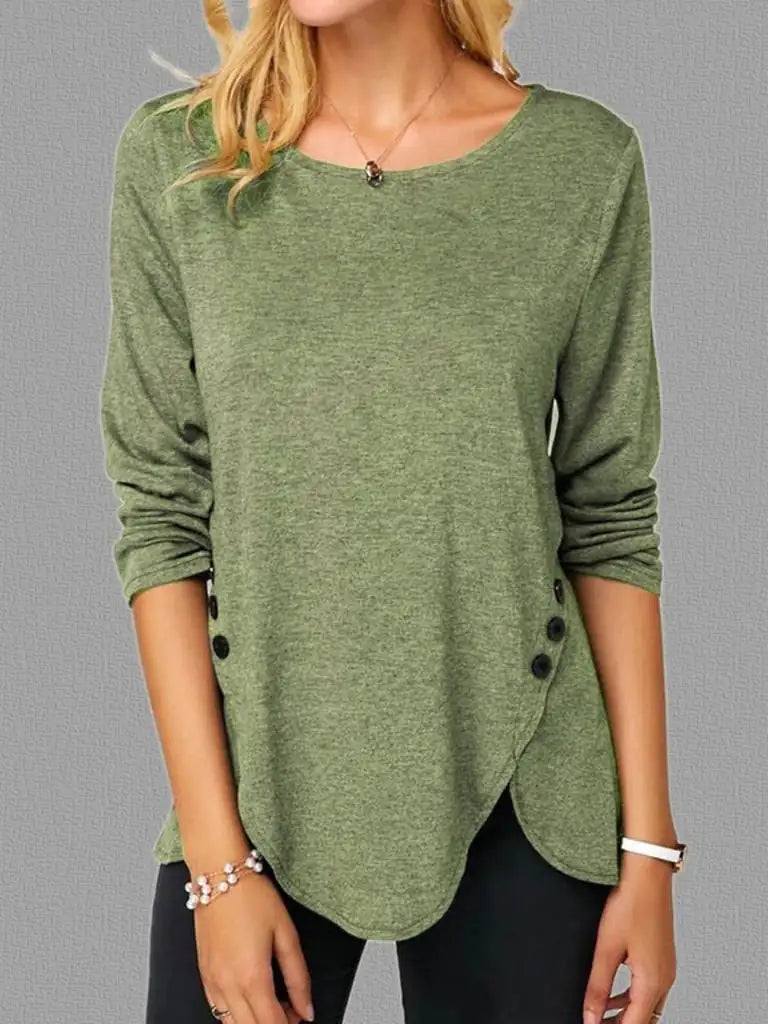 Irregular Button Hem Long Sleeve Round Neck T-Shirt
